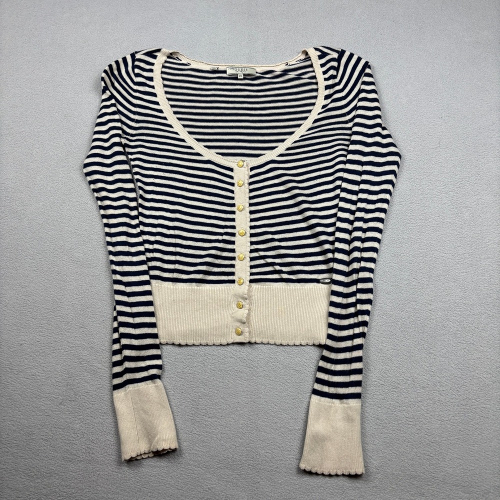 Guess Los Angeles Navy Cream Striped Button Front Cropped Cardigan Womens XS